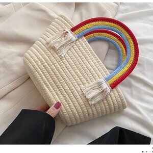 Handmade Woven Beige Handbag w Knitted Rainbow Tassel Handle 11.8X3.93X6.29 in